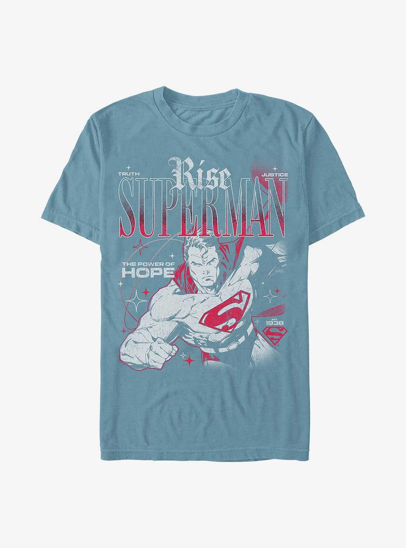 DC Comics Superman Rise Truth Justice Hope Garment Dye T-Shirt Hot Topic Web Exclusive, ICE BLUE, hi-res