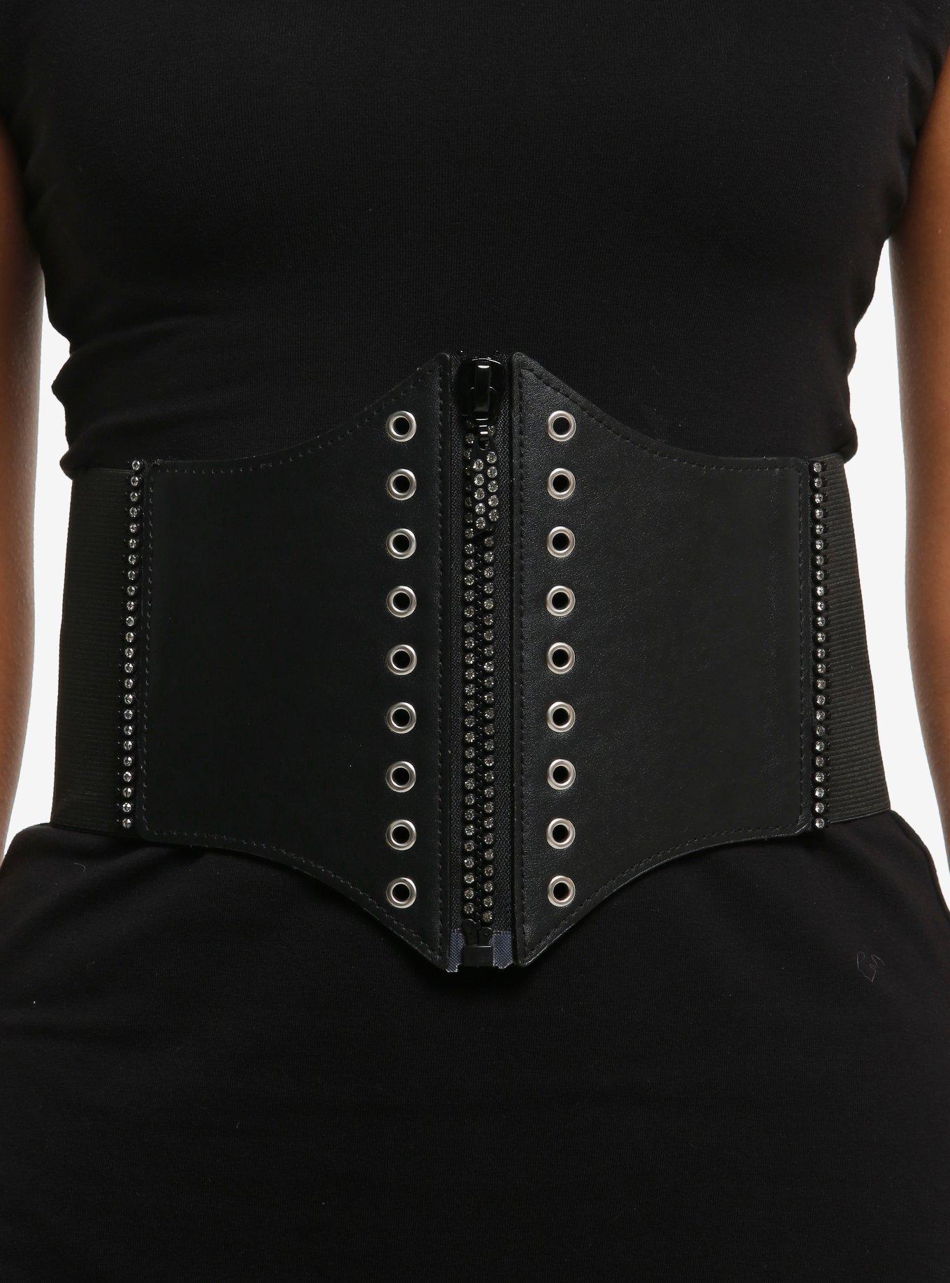Black Grommet Bling Zipper Corset Belt, , hi-res
