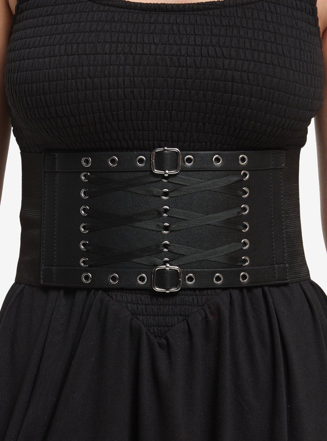Black Grommet Lace-Up Corset Belt, , hi-res