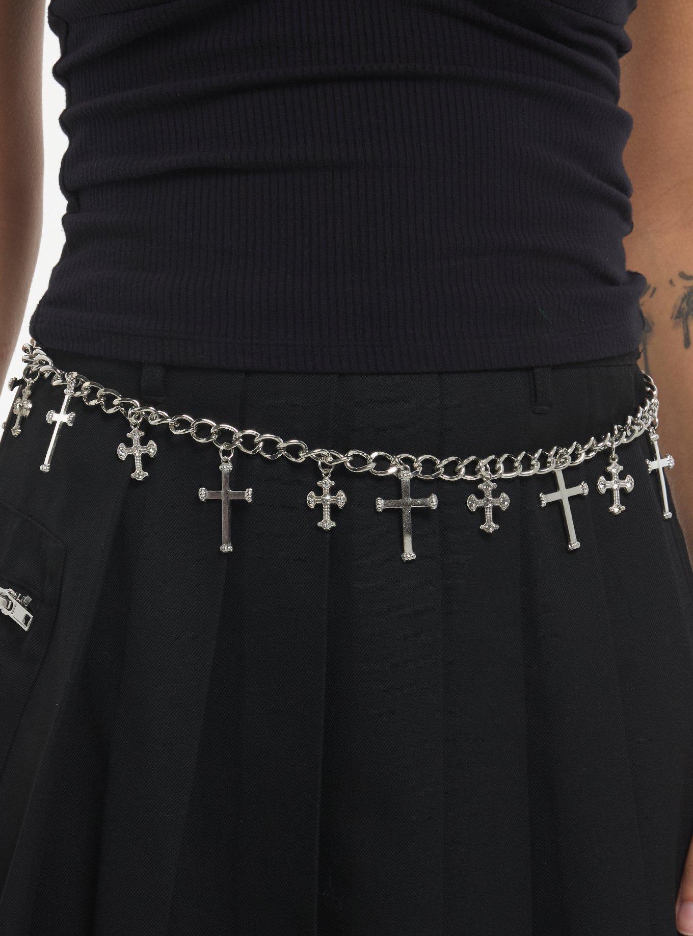 Silver Cross Charm Chain Belt, , hi-res