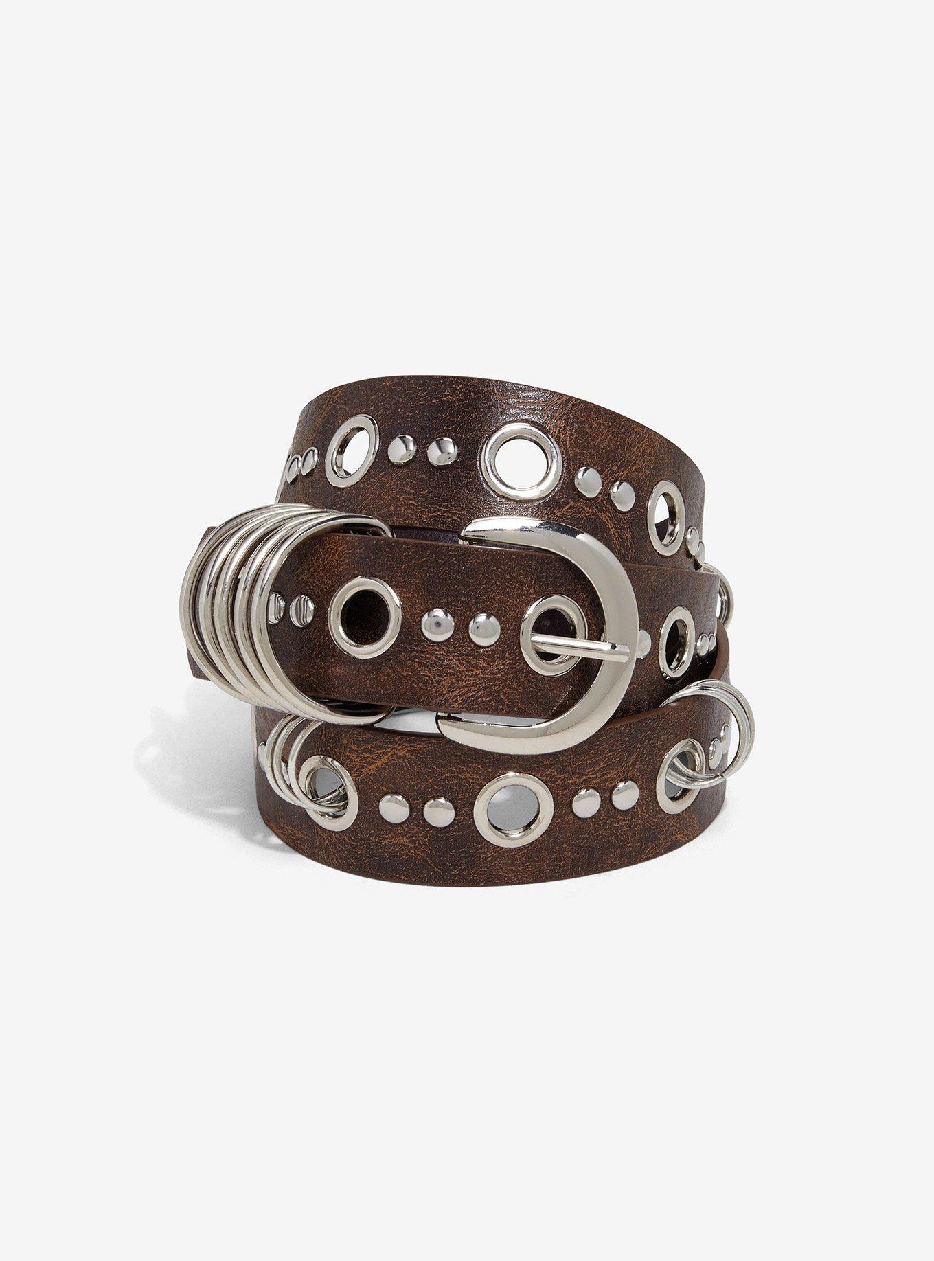 Brown & Silver Grommet O-Ring Belt, , hi-res
