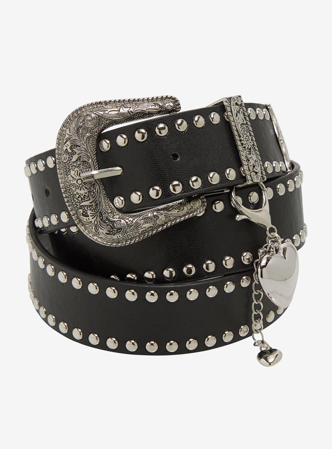 Black & Silver Stud Heart Charm Western Belt, , hi-res