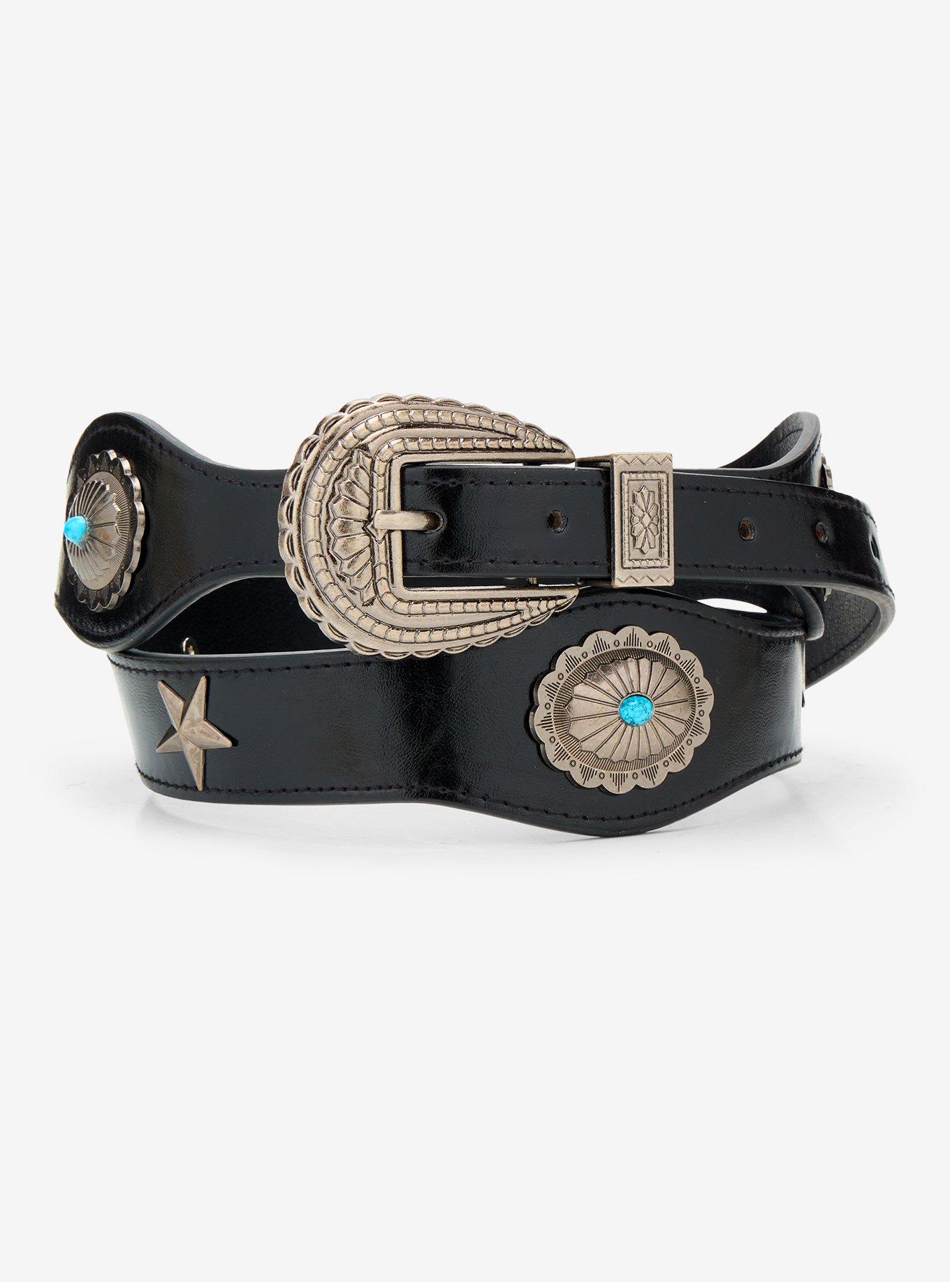 Black & Silver Turquoise Star Western Belt, , hi-res