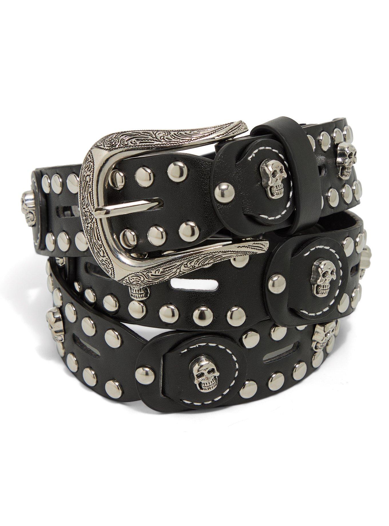 Black & Silver Stud Skull Western Belt, , hi-res