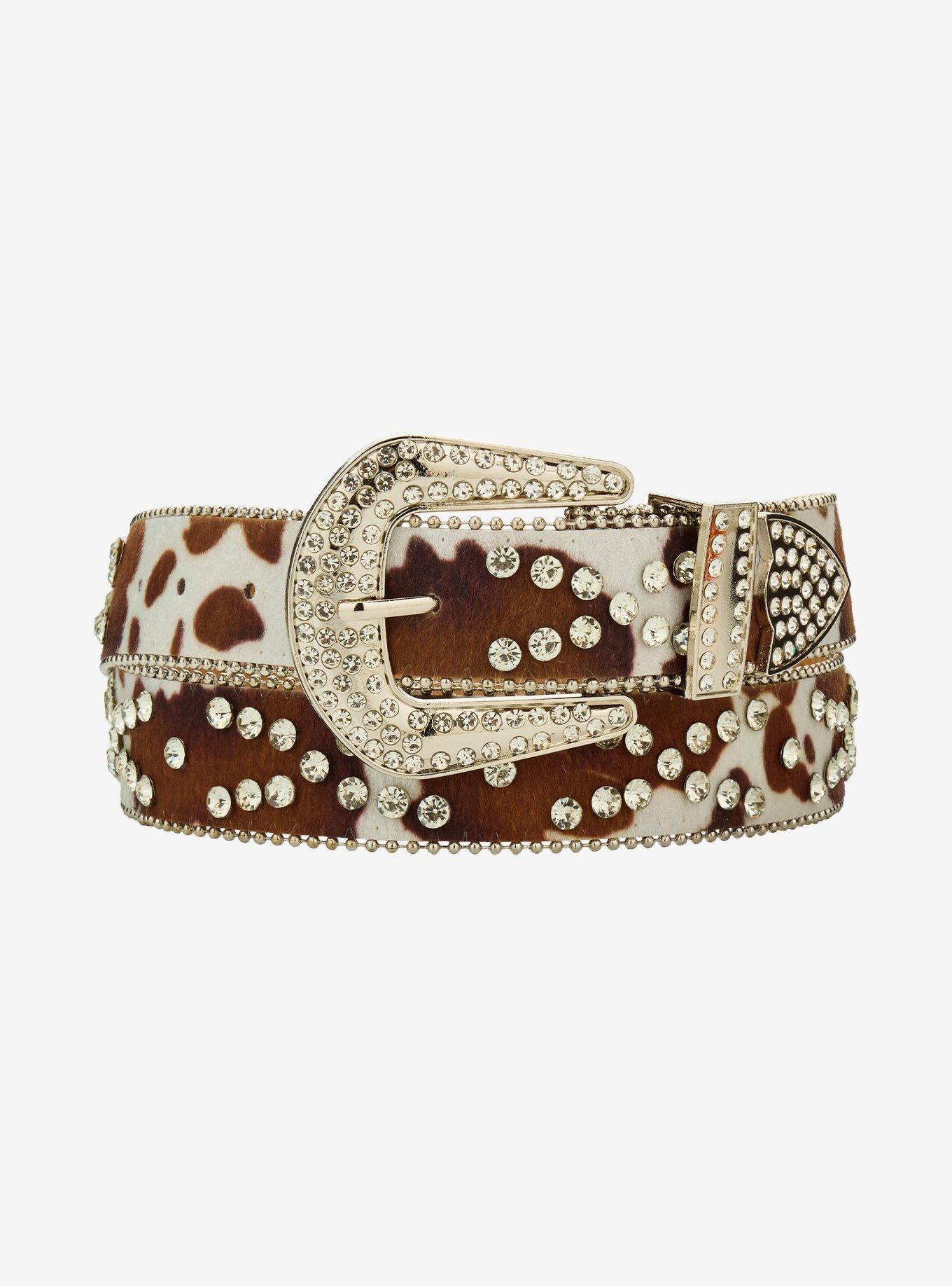 Brown Cow Print Bling Belt, , hi-res