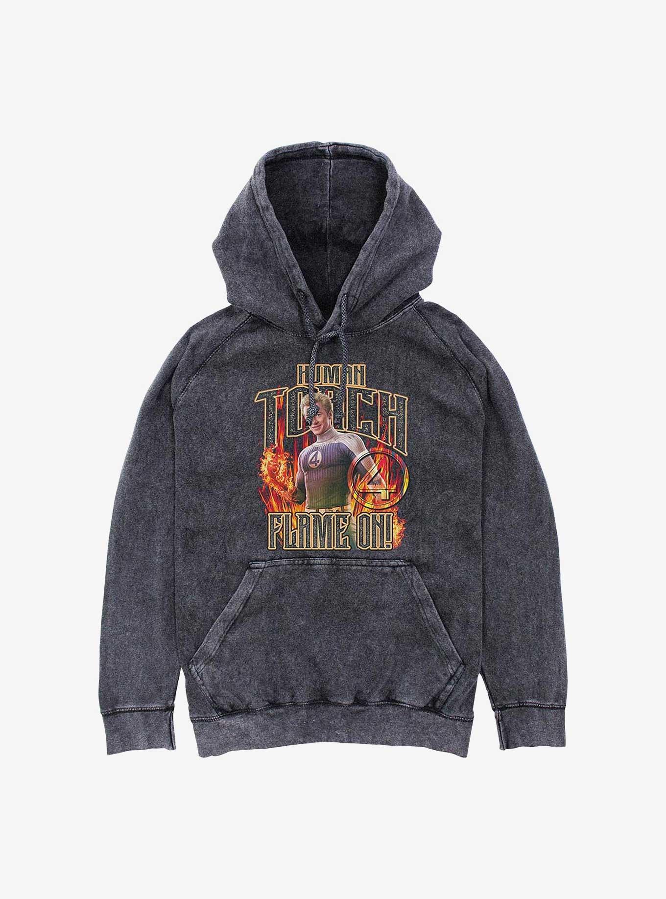 Marvel The Fantastic Four: First Steps Torch Flames Mineral Wash Hoodie Hot Topic Exclusive, BLACK, hi-res