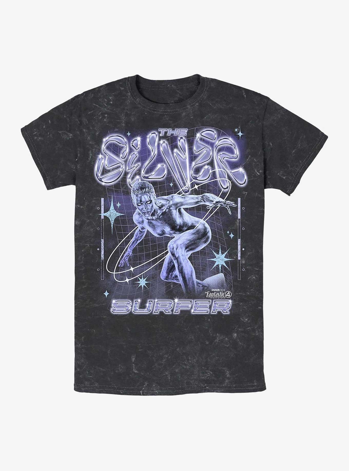 Marvel The Fantastic Four: First Steps Silver Surfer Chrome Shine Mineral Wash T-Shirt Hot Topic Web Exclusive, BLACK, hi-res