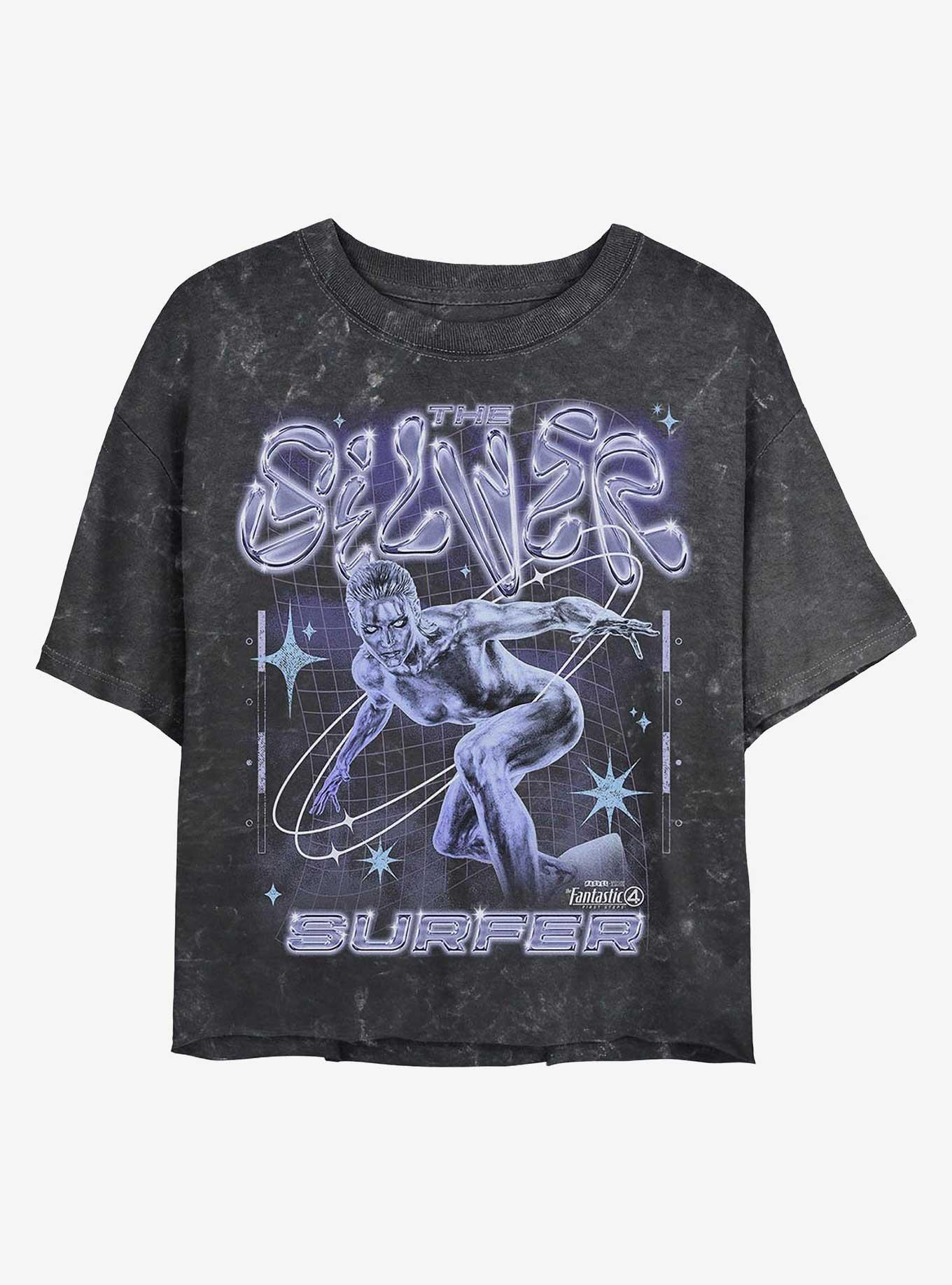 Marvel The Fantastic Four: First Steps Silver Surfer Chrome Shine Girls Mineral Wash Crop T-Shirt Hot Topic Web Exclusive, , hi-res