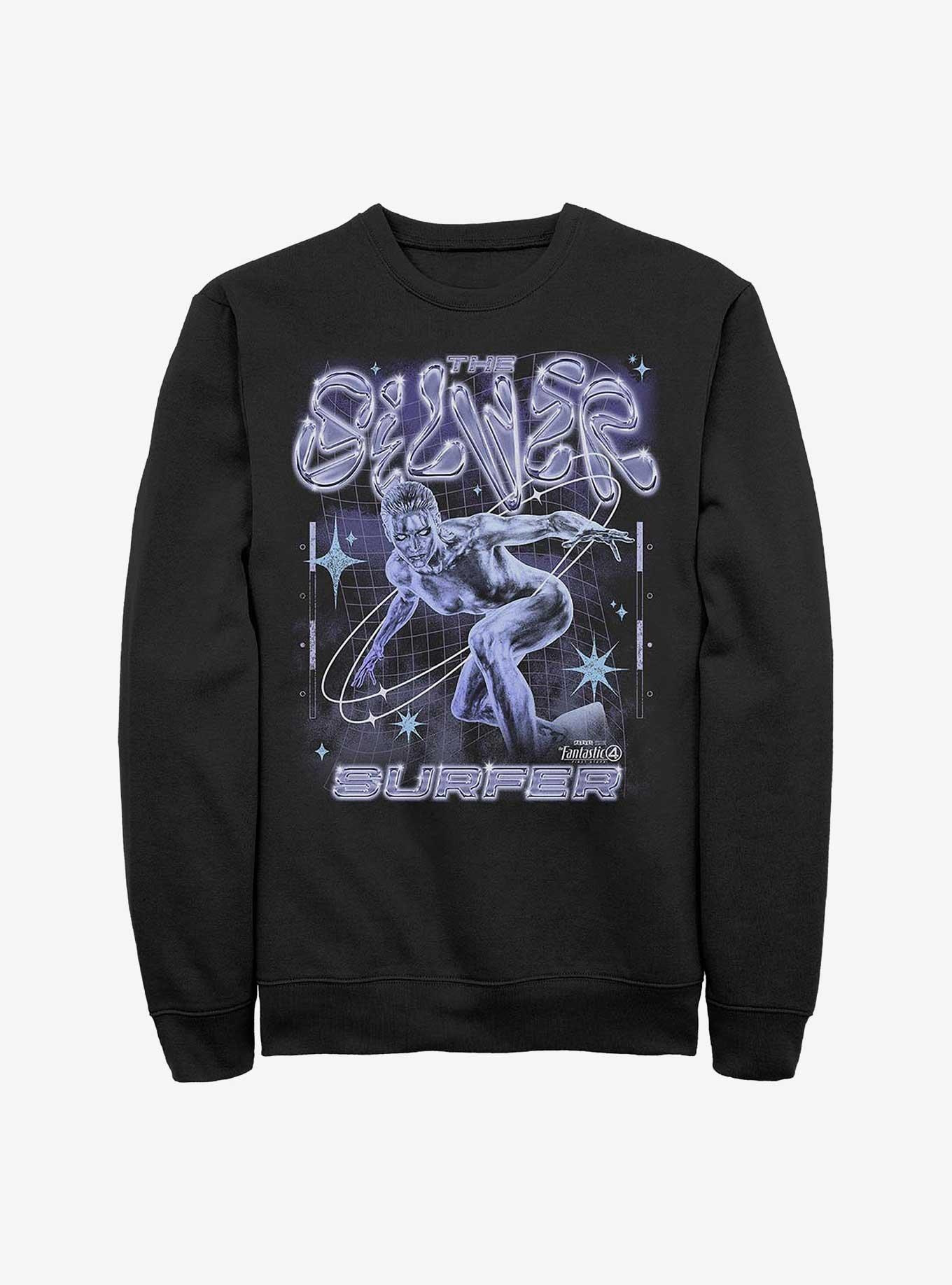 Marvel The Fantastic Four: First Steps Silver Surfer Chrome Shine Sweatshirt Hot Topic Web Exclusive, BLACK, hi-res