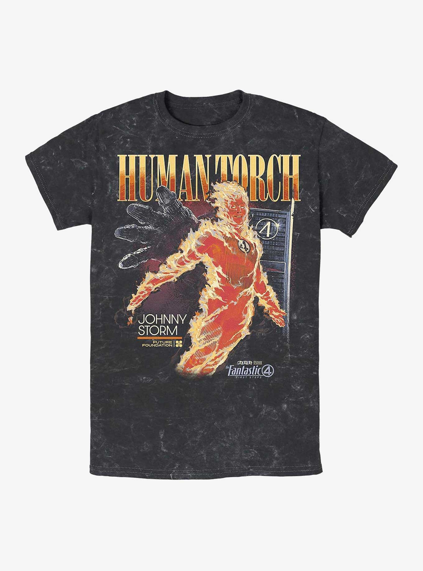 Marvel The Fantastic Four: First Steps Human Torch Mineral Wash T-Shirt Hot Topic Exclusive, BLACK, hi-res
