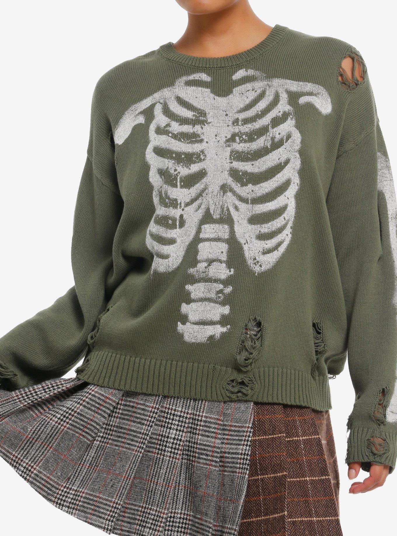 Social Collision Green Rib Cage Destructed Girls Sweater, , hi-res