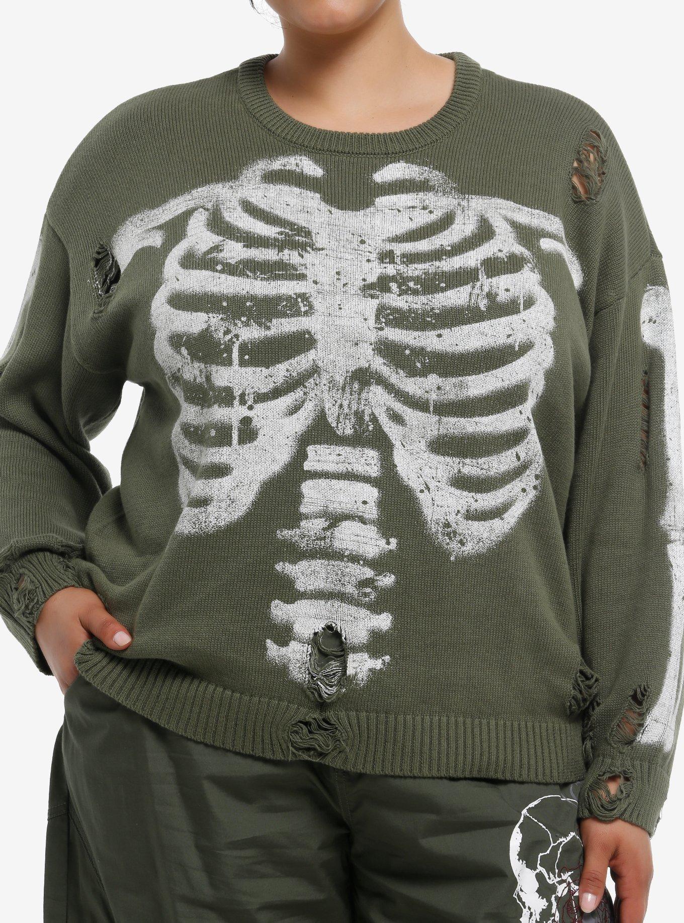 Social Collision Green Rib Cage Destructed Girls Sweater Plus Size, IVORY, hi-res