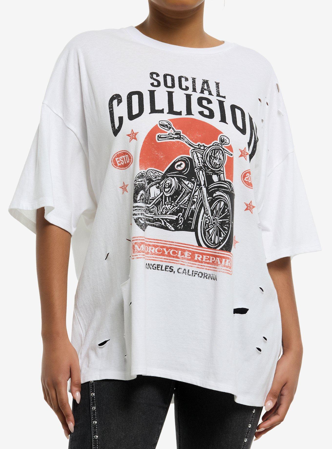 Social Collision Motorcycle Distressed Girls Oversized T-Shirt, , hi-res