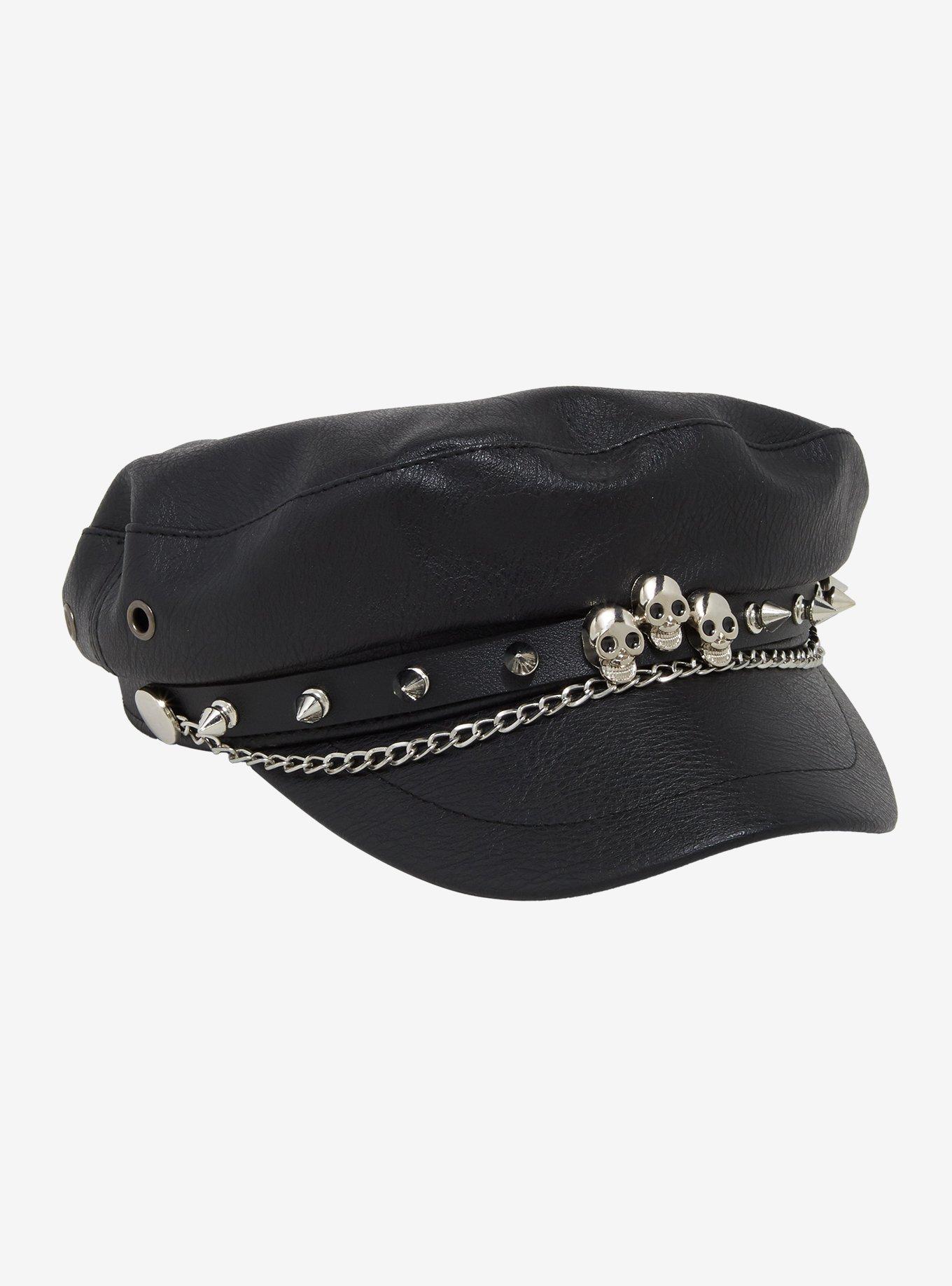 Skull Spike & Chain Faux Leather Cabbie Hat, , hi-res