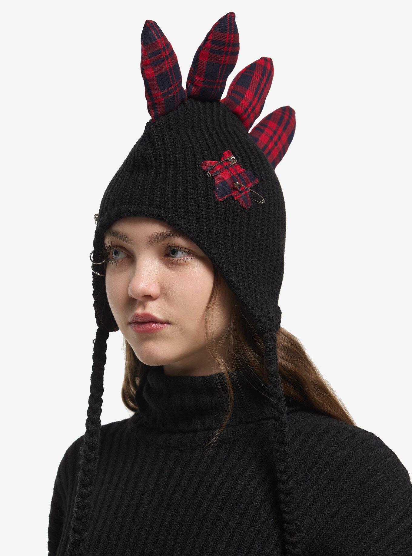 Plaid Plush Spike Tassel Beanie, , hi-res