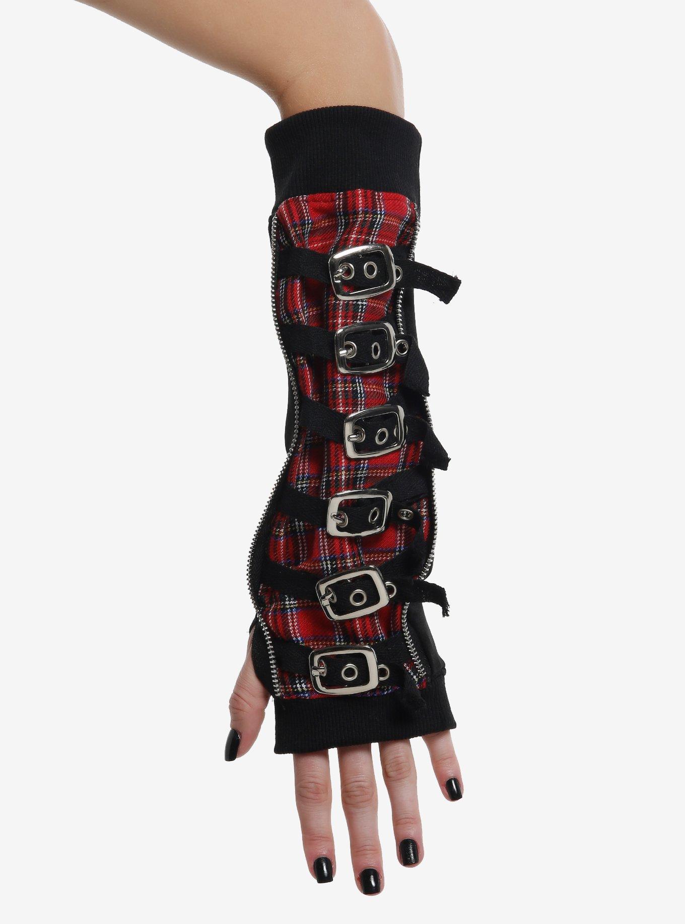 Black & Red Plaid Buckle Zipper Arm Warmers, , hi-res