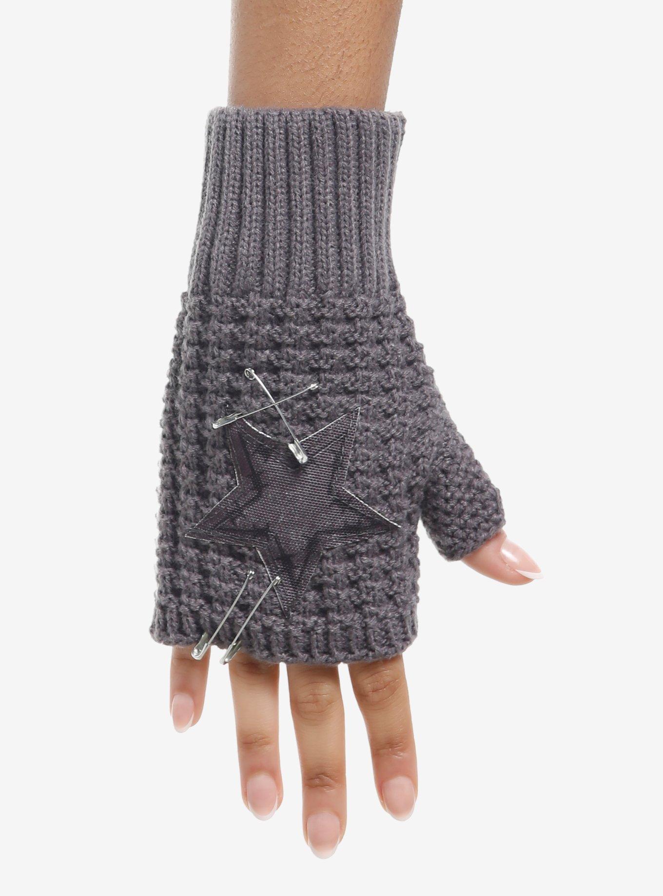Grey Star Safety Pin Knit Fingerless Gloves, , hi-res