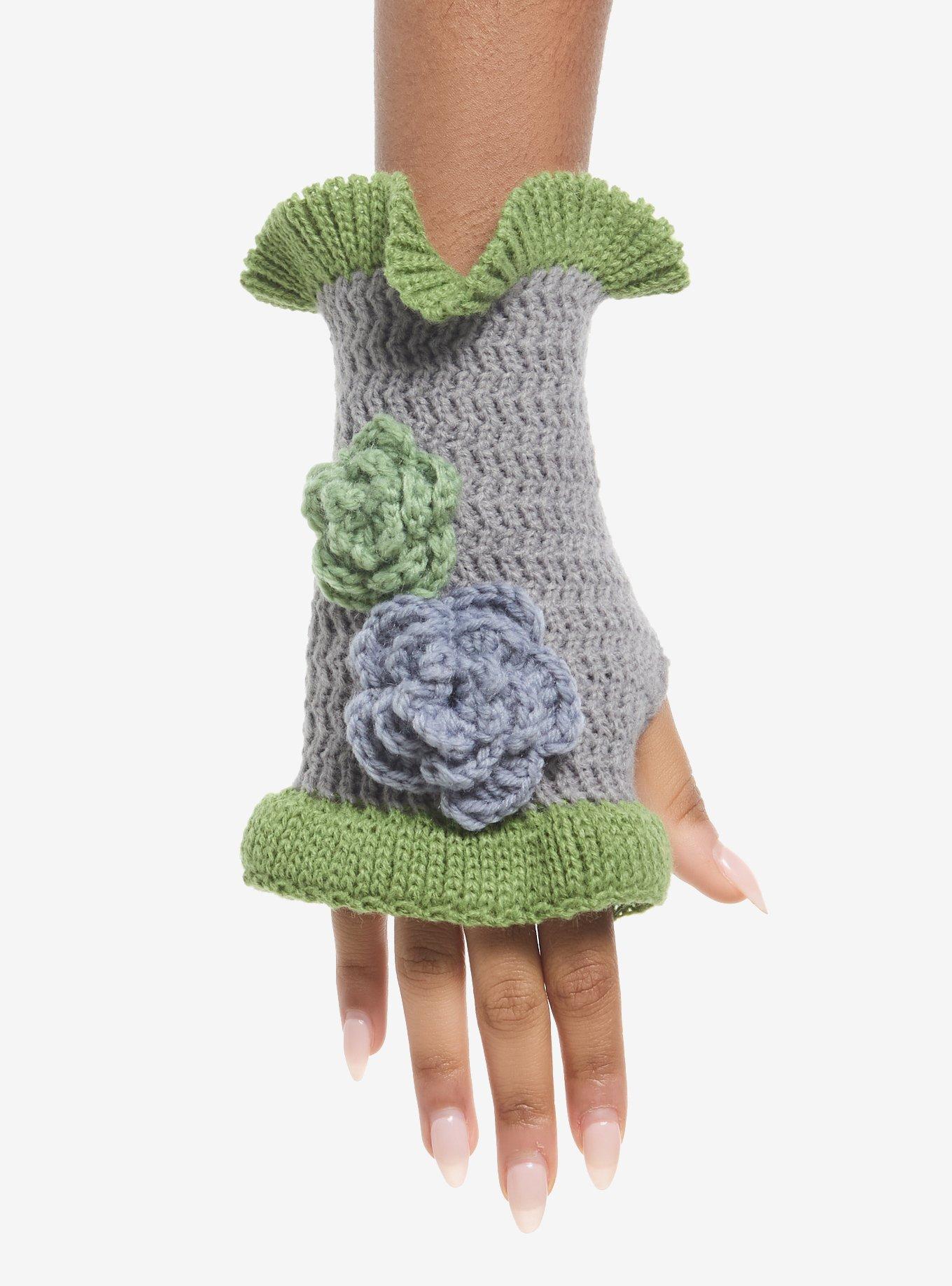 Green & Grey Knit Flower Fingerless Gloves, , hi-res