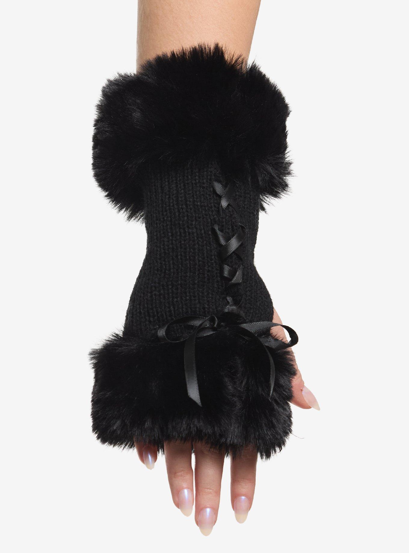 Black Faux Fur Trim Lace-Up Arm Warmers, , hi-res