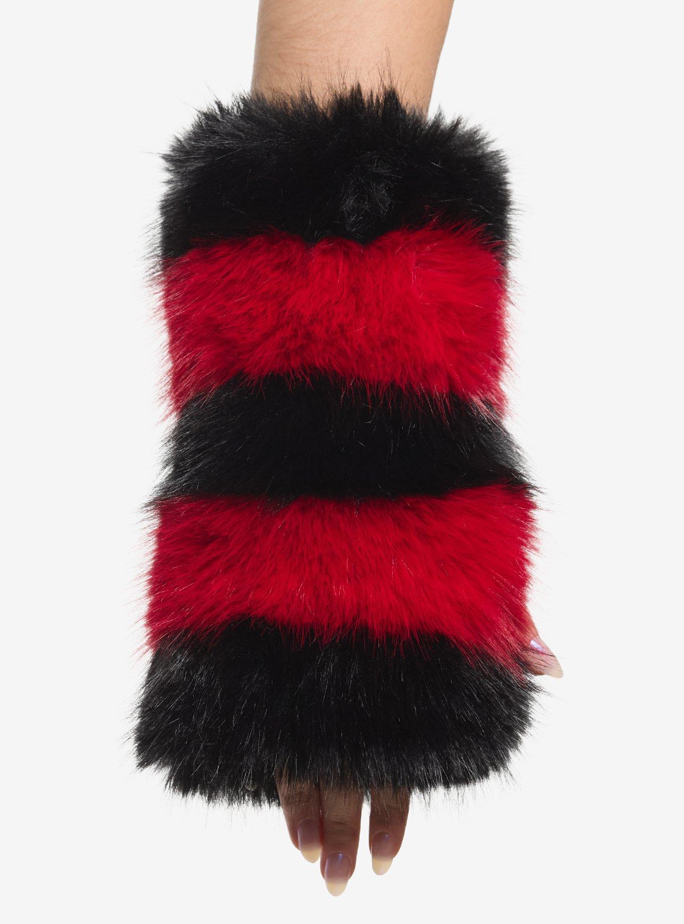 Red & Black Stripe Fuzzy Fingerless Gloves, , hi-res