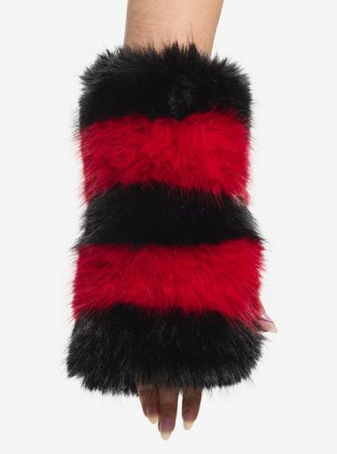 Red & Black Stripe Fuzzy Fingerless Gloves | Hot Topic
