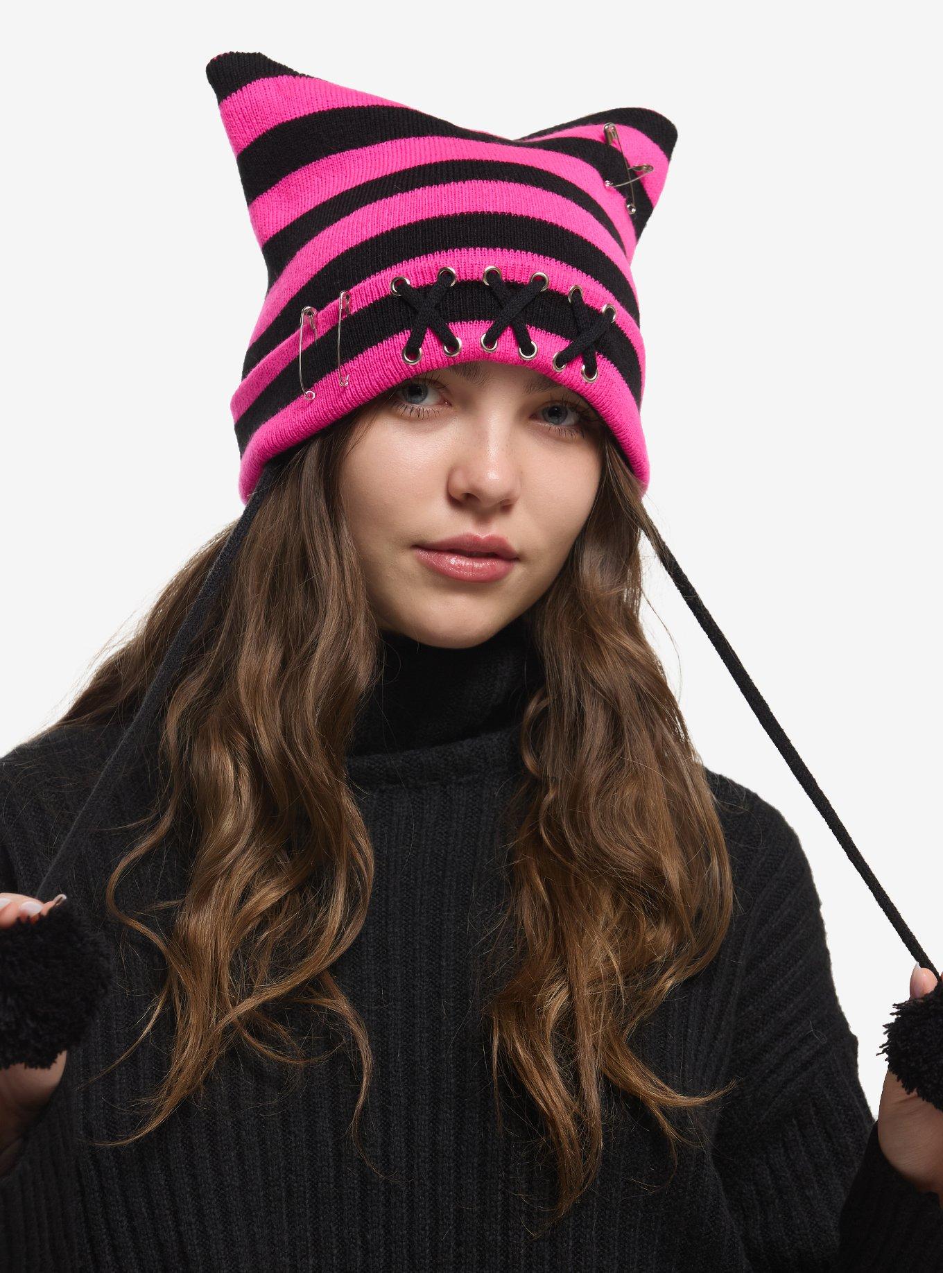 Pink & Black Safety Pin Subtle Ear Tassel Beanie, , hi-res