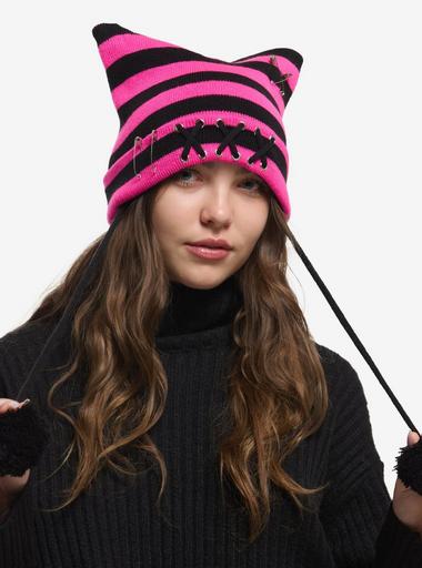 Pink & Black Safety Pin Subtle Ear Tassel Beanie | Hot Topic