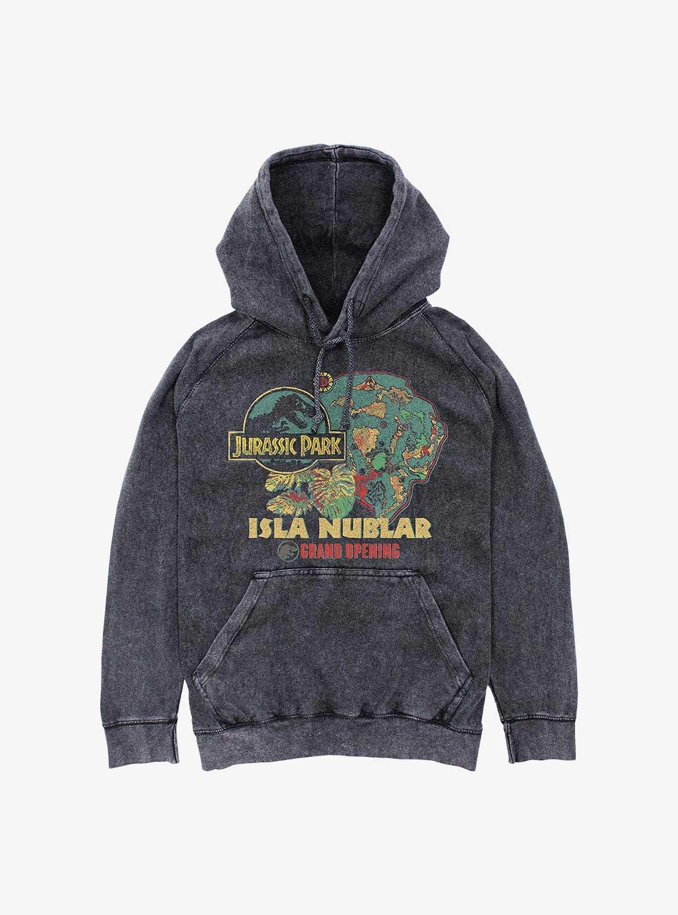 Jurassic Park Isla Nublar Grand Opening Mineral Wash Hoodie Hot Topic Web Exclusive, BLACK, hi-res