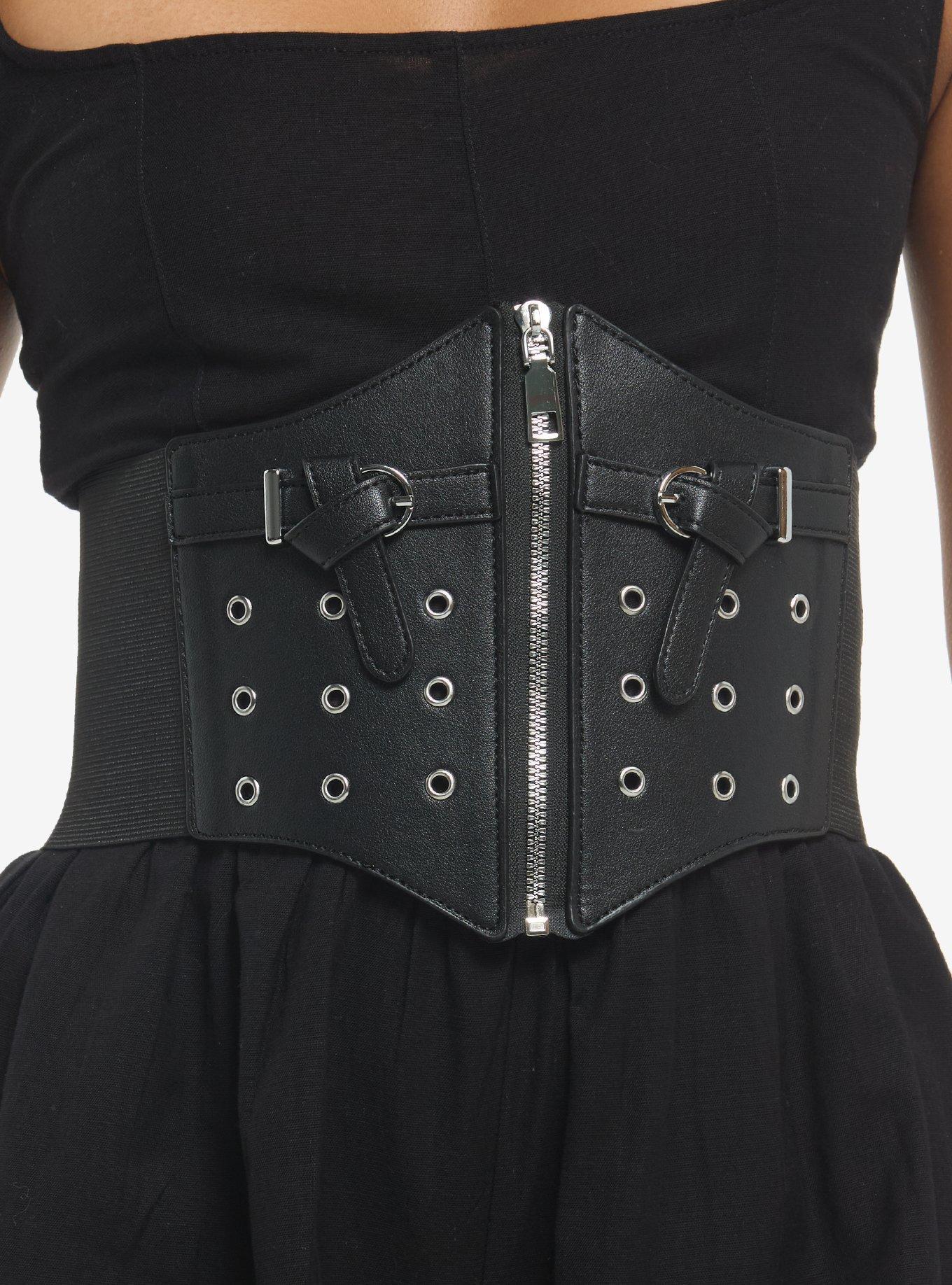 Black Grommet Buckle Zipper Corset Belt, , hi-res
