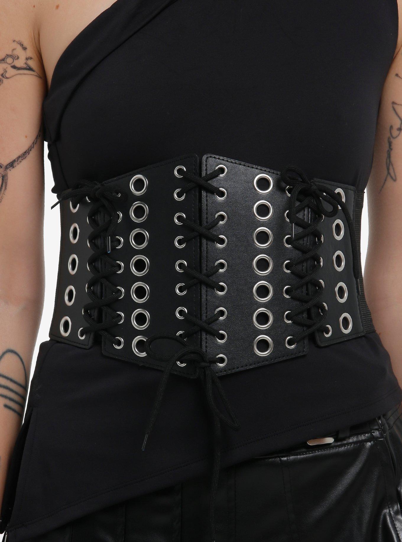 Black Grommet Lace-Up Corset Belt, , hi-res
