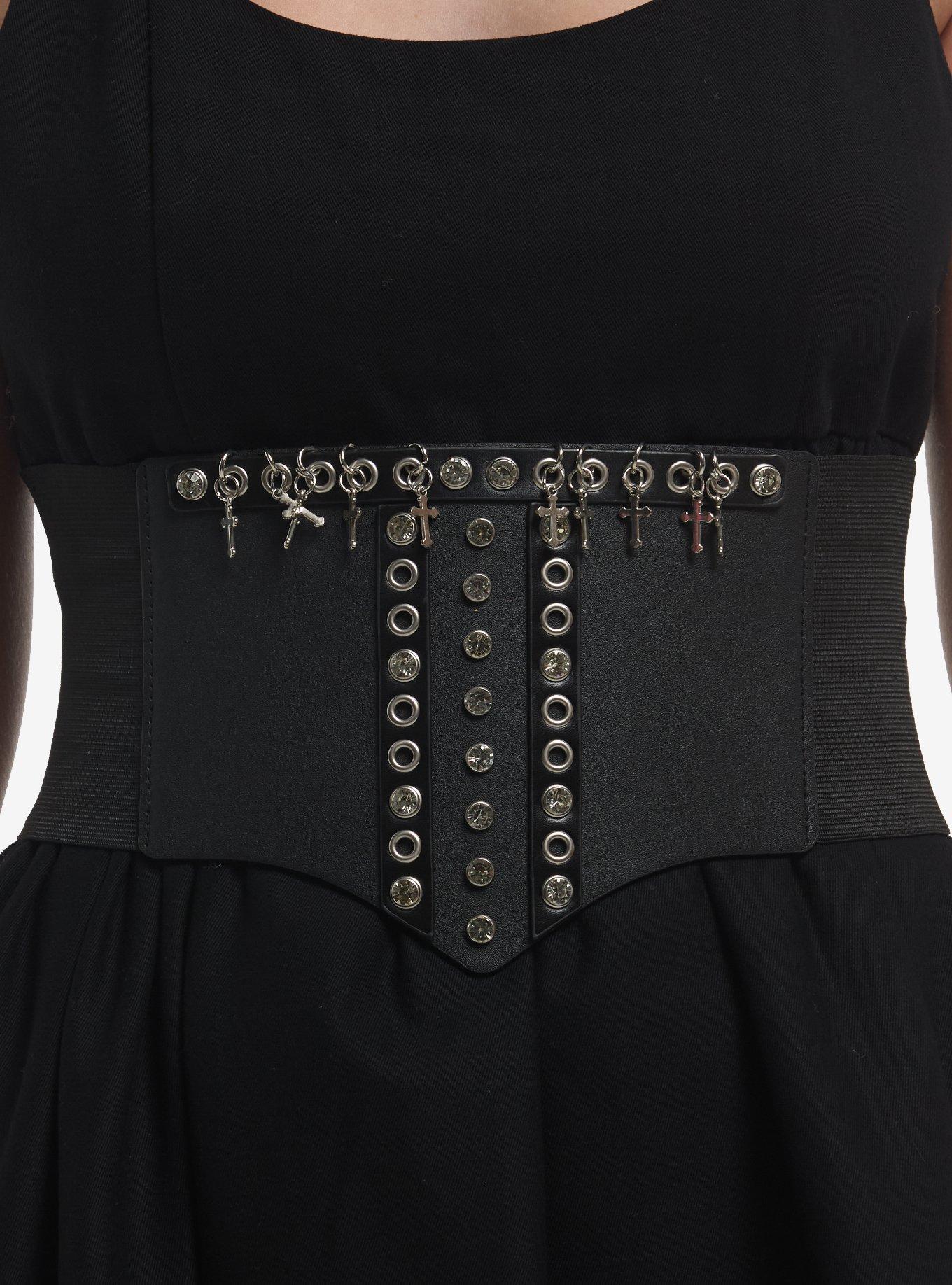 Black Grommet Cross Rhinestone Corset Belt, , hi-res