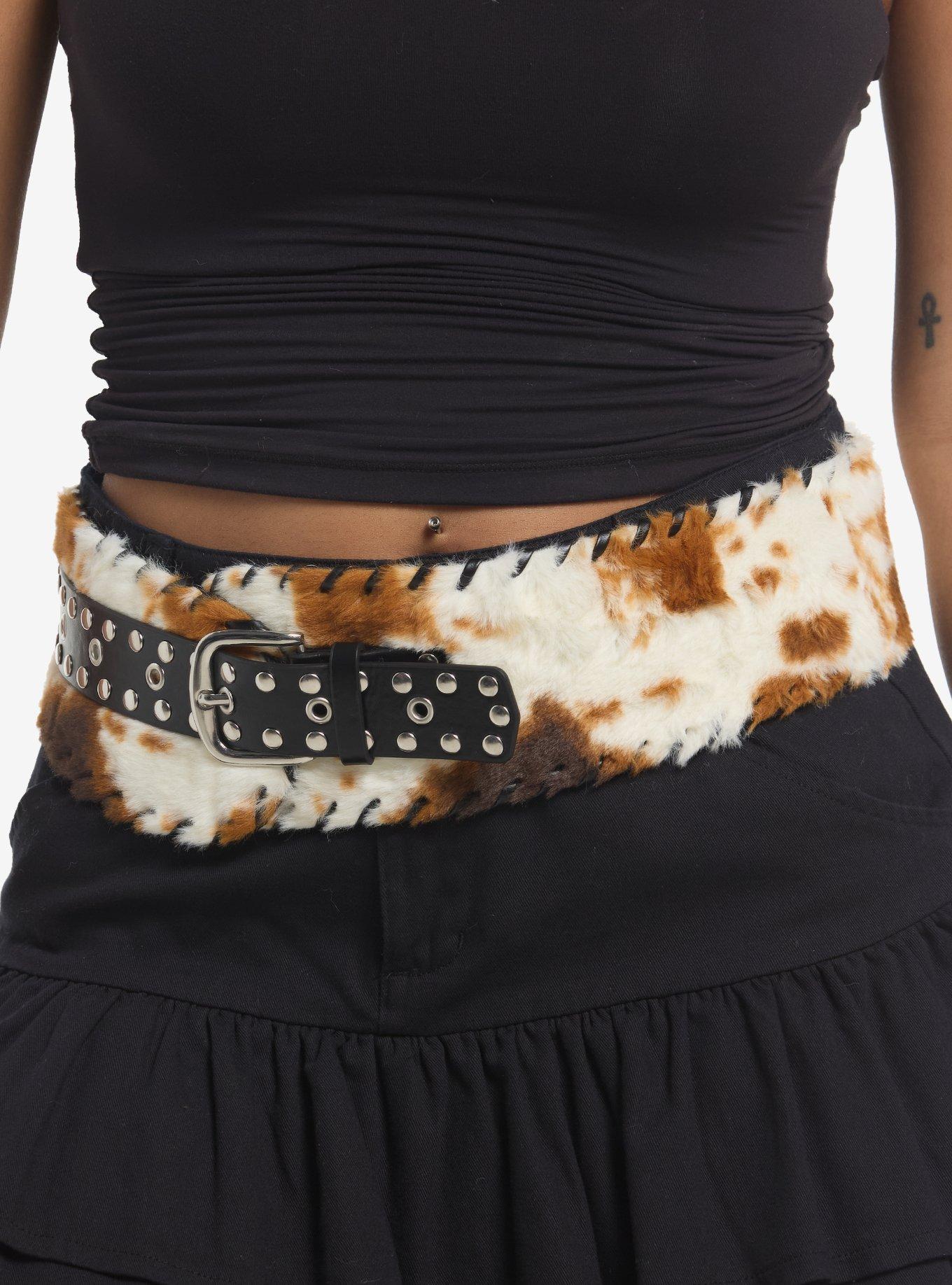 Brown & White Faux Fur Belt, , hi-res