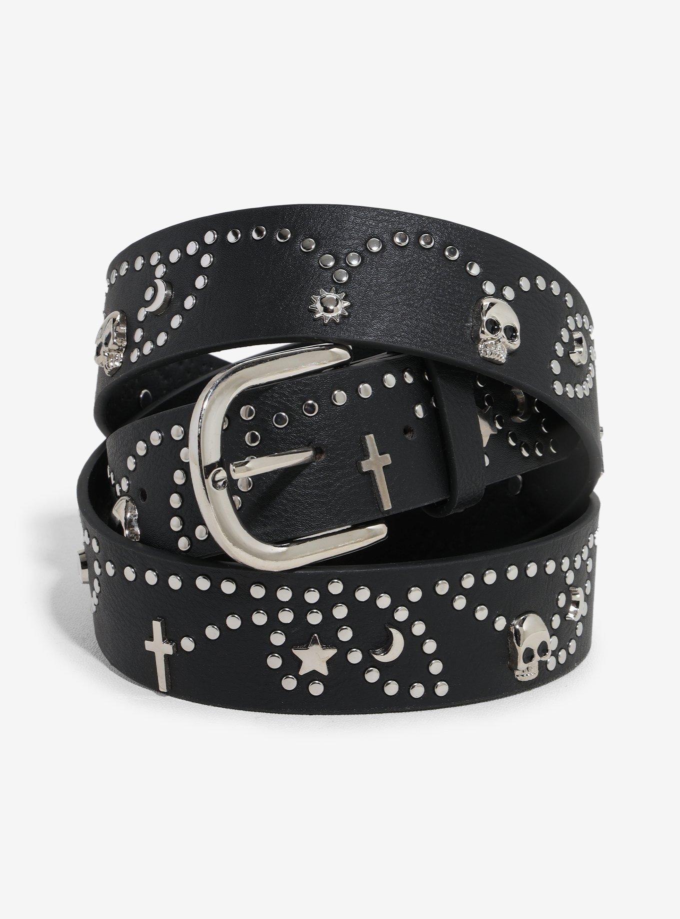 Black & Silver Skull Cross Stud Belt, , hi-res