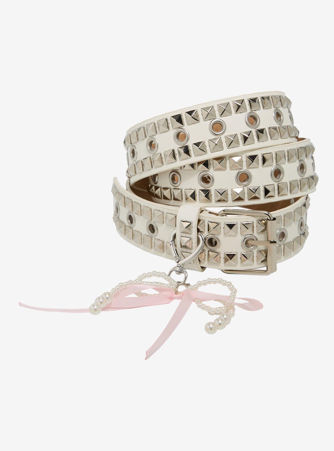 White & Silver Grommet Pyramid Stud Belt, , hi-res