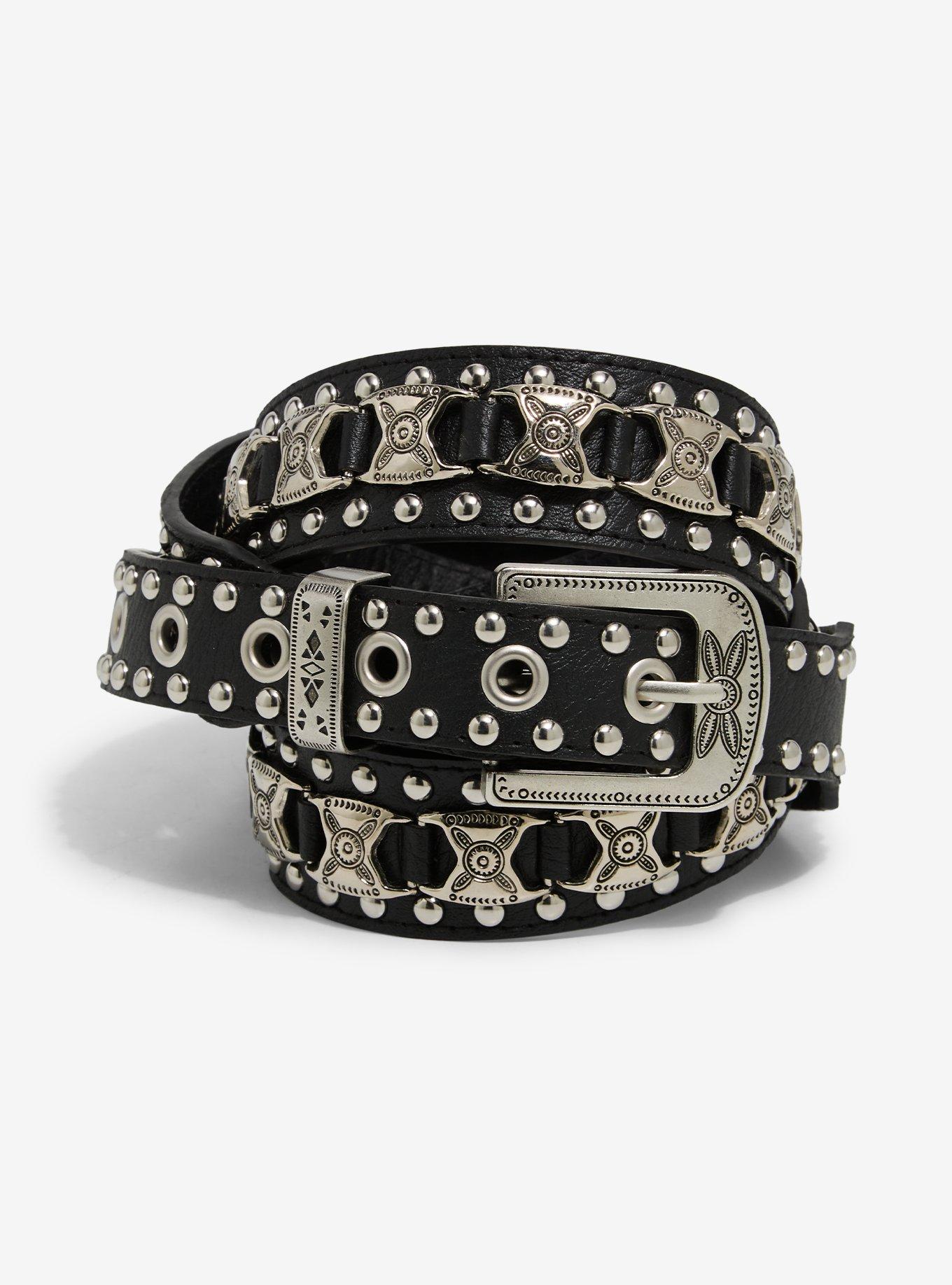 Black & Silver Grommet Circular Stud Belt, , hi-res