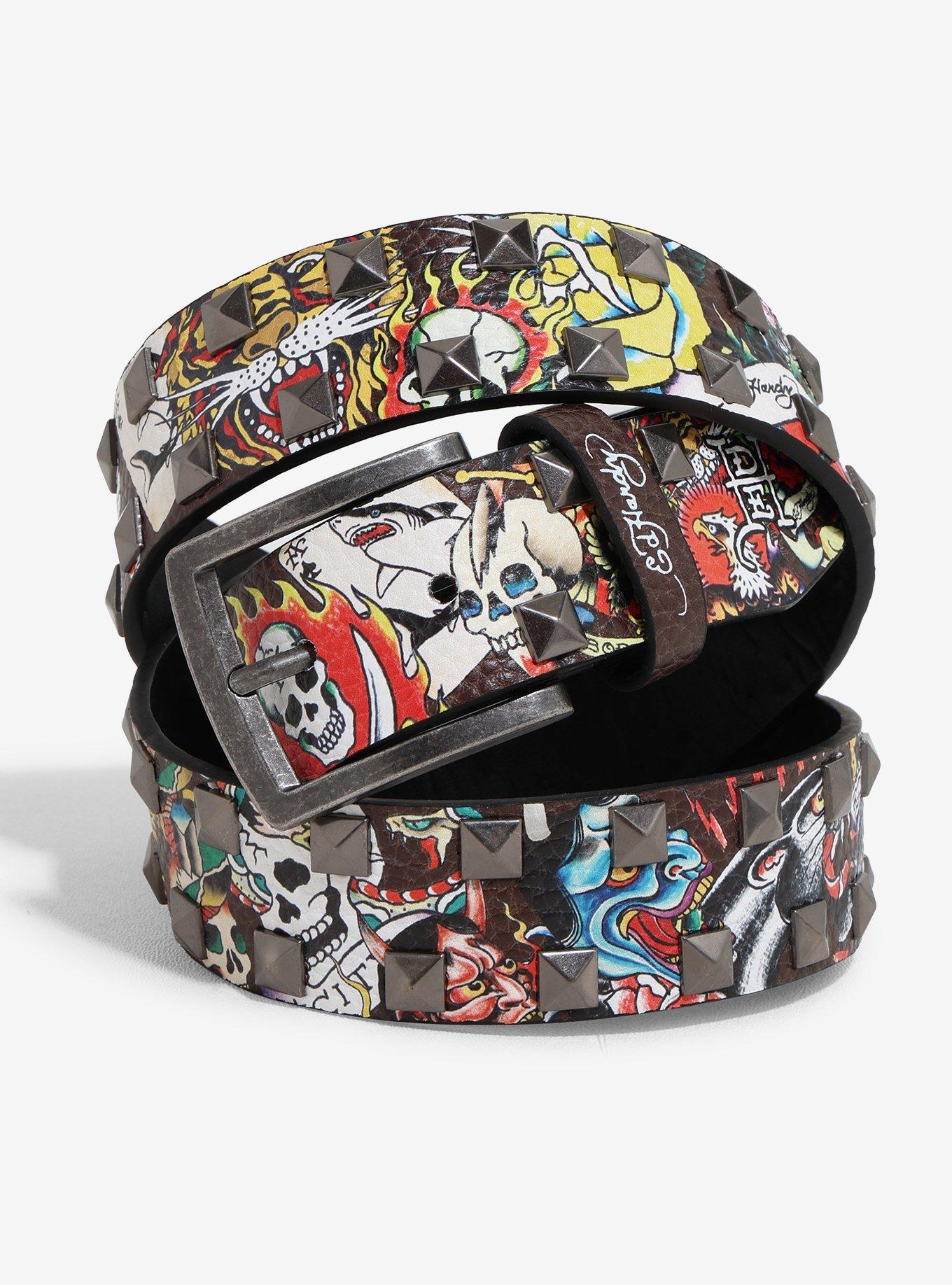 Ed Hardy leather studded belt Ed Hardy Skull & Flowers Pyramid Stud Belt | Hot Topic main image 3