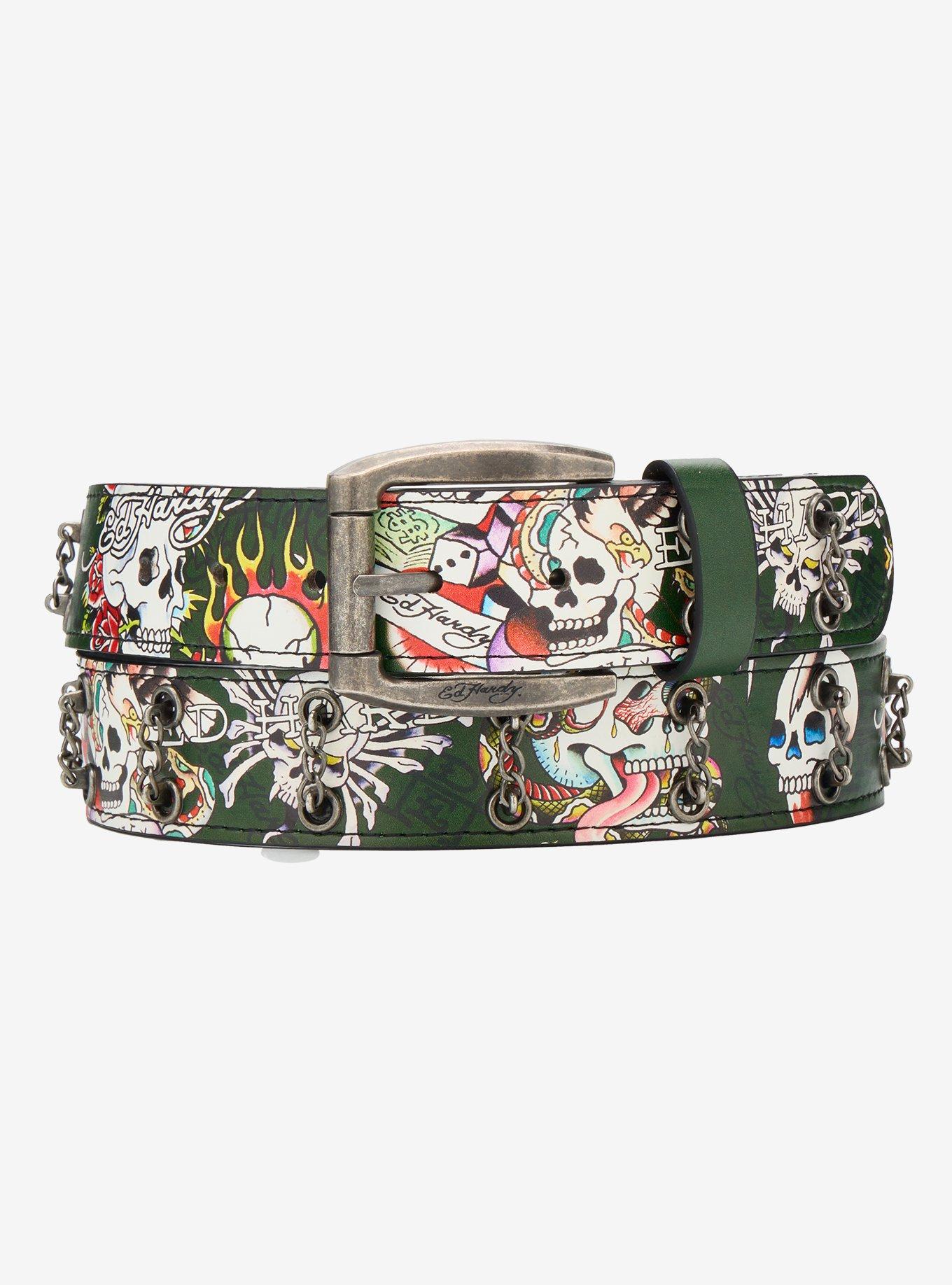 Ed Hardy Tattoo Skull Chain Grommet Belt, , hi-res