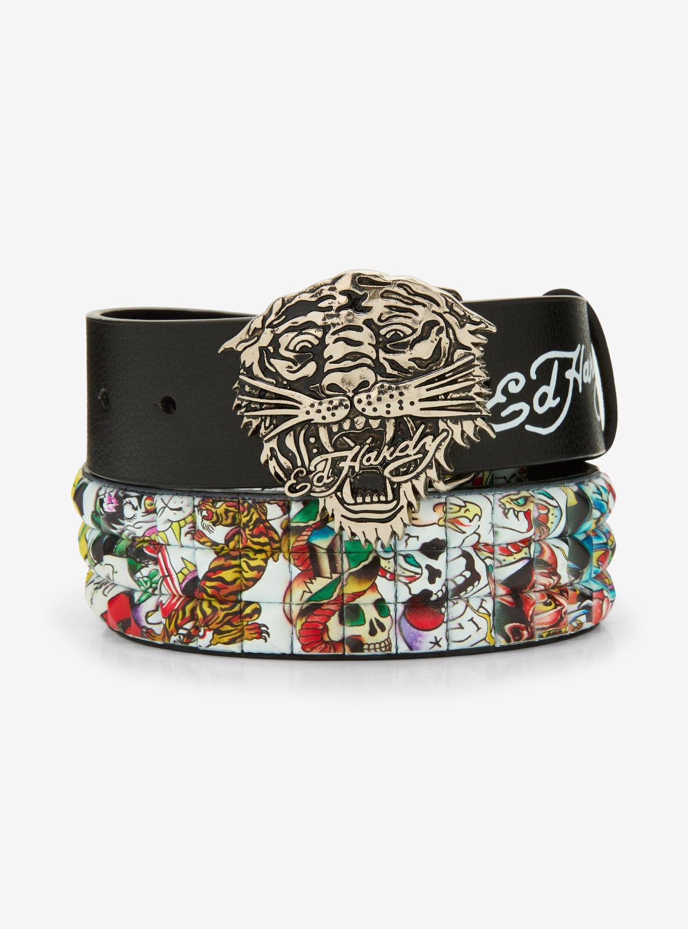 Ed Hardy Tiger Skull Three Row Pyramid Stud Belt, , hi-res
