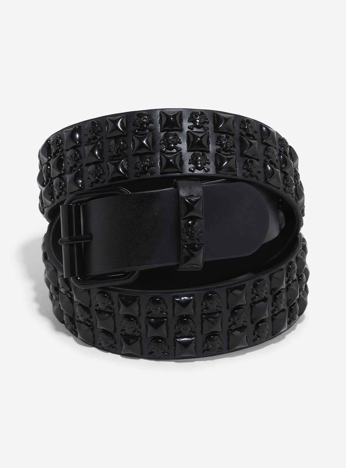 Black Skull Three Row Pyramid Stud Belt, , hi-res