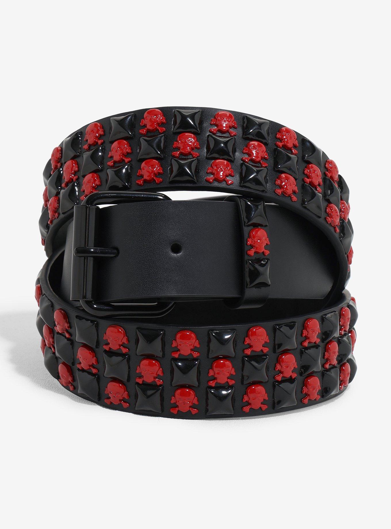 Black & Red Skull Three Row Pyramid Stud Belt | Hot Topic
