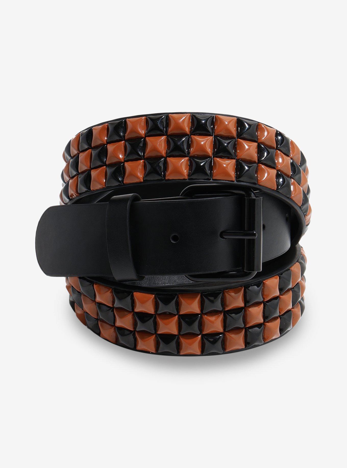 Black & Brown Three Row Pyramid Stud Belt, , hi-res