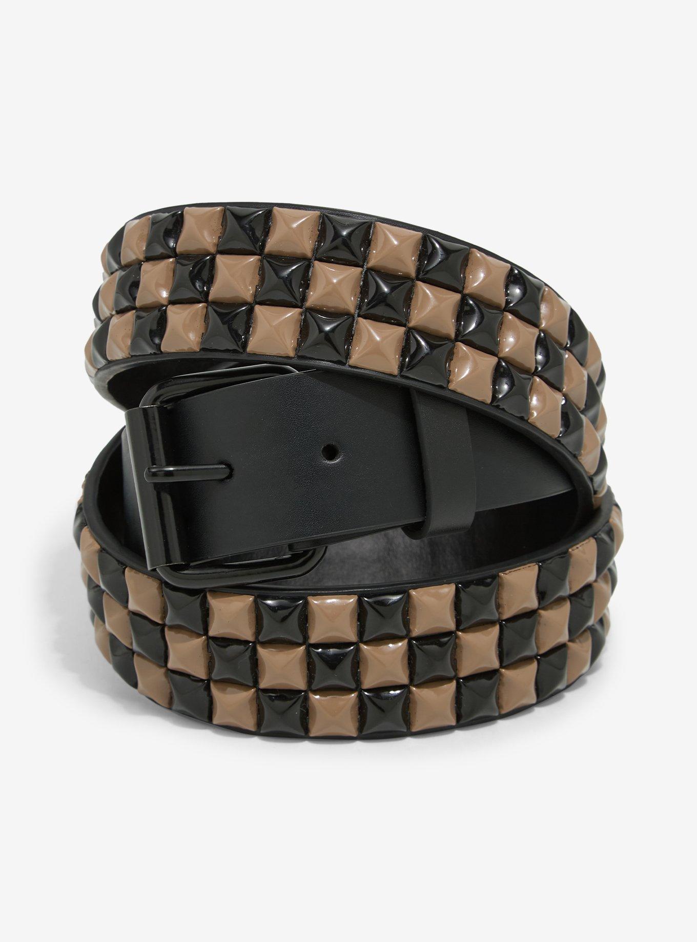 Black & Taupe Three Row Pyramid Stud Belt, , hi-res