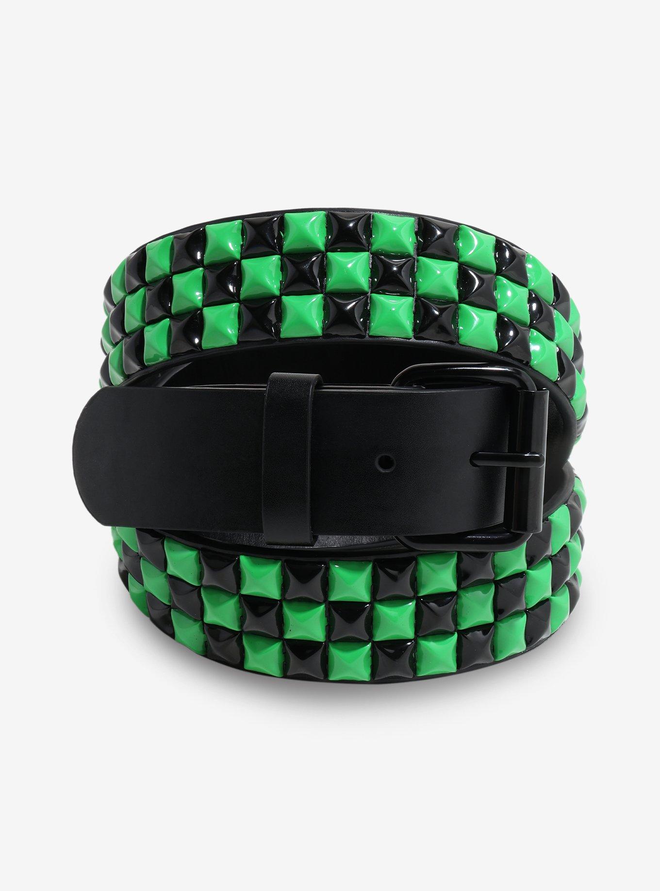 Black & Green Three Row Pyramid Stud Belt, , hi-res