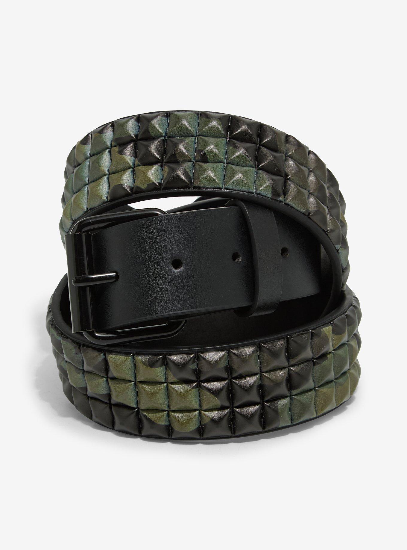 Black & Green Camouflage Three Row Pyramid Stud Belt, , hi-res