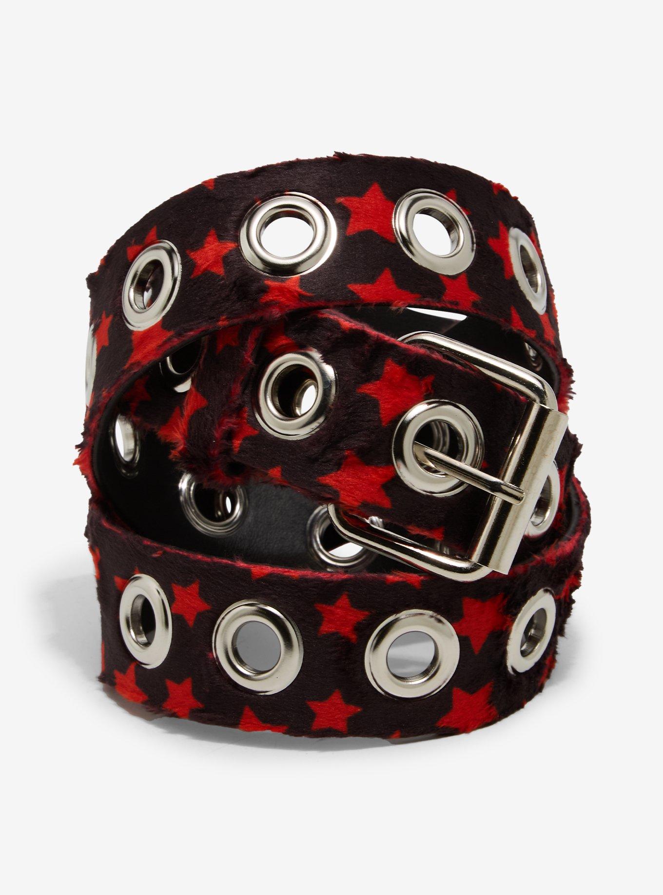 Black & Red Star Faux Fur Grommet Belt, , hi-res
