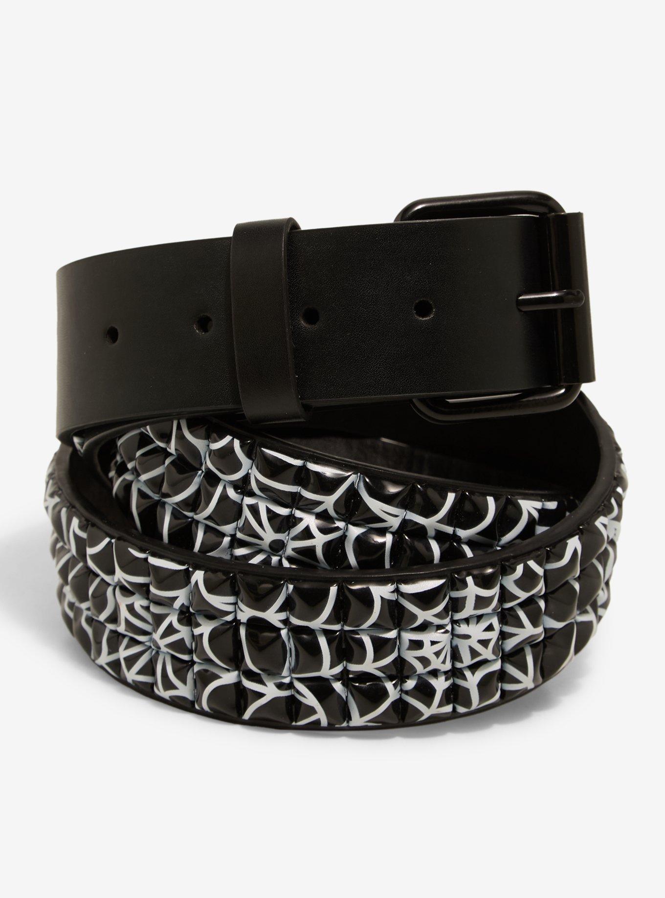 Black & White Spiderweb Three Row Pyramid Stud Belt, , hi-res