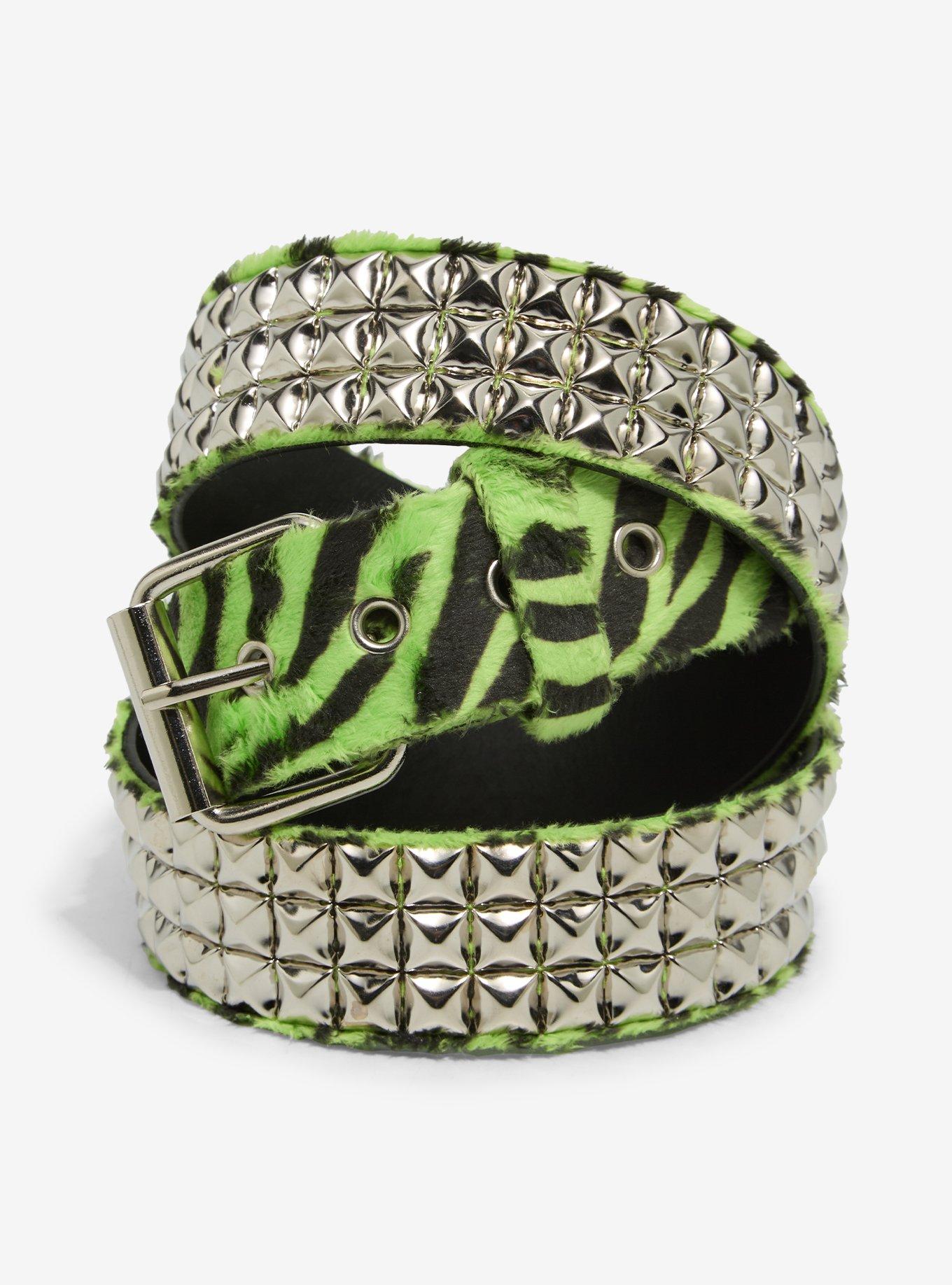 Neon Green Zebra Fuzzy Three Row Pyramid Stud Belt, , hi-res