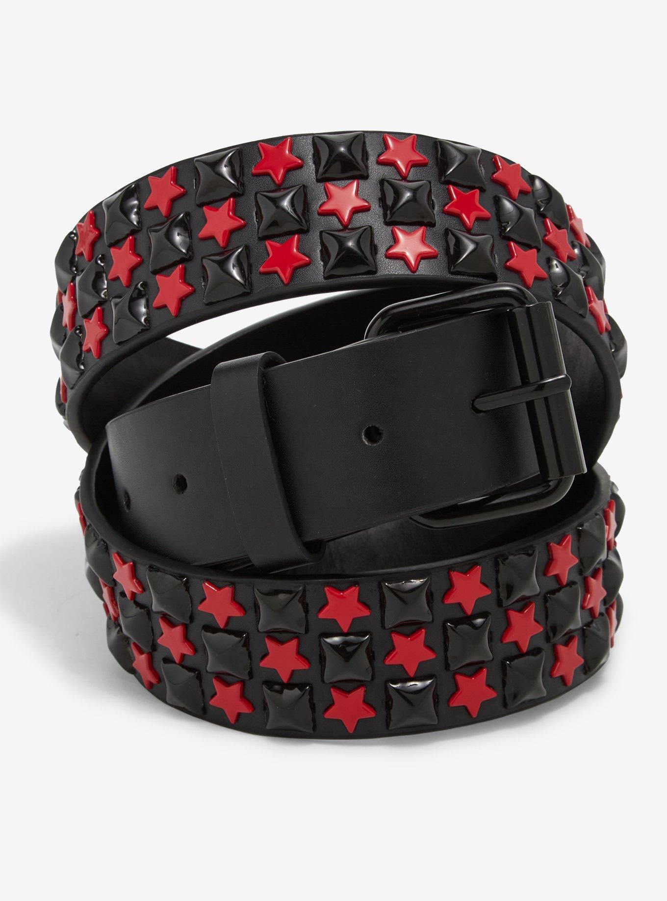 Black & Red Star Three Row Pyramid Stud Belt | Hot Topic