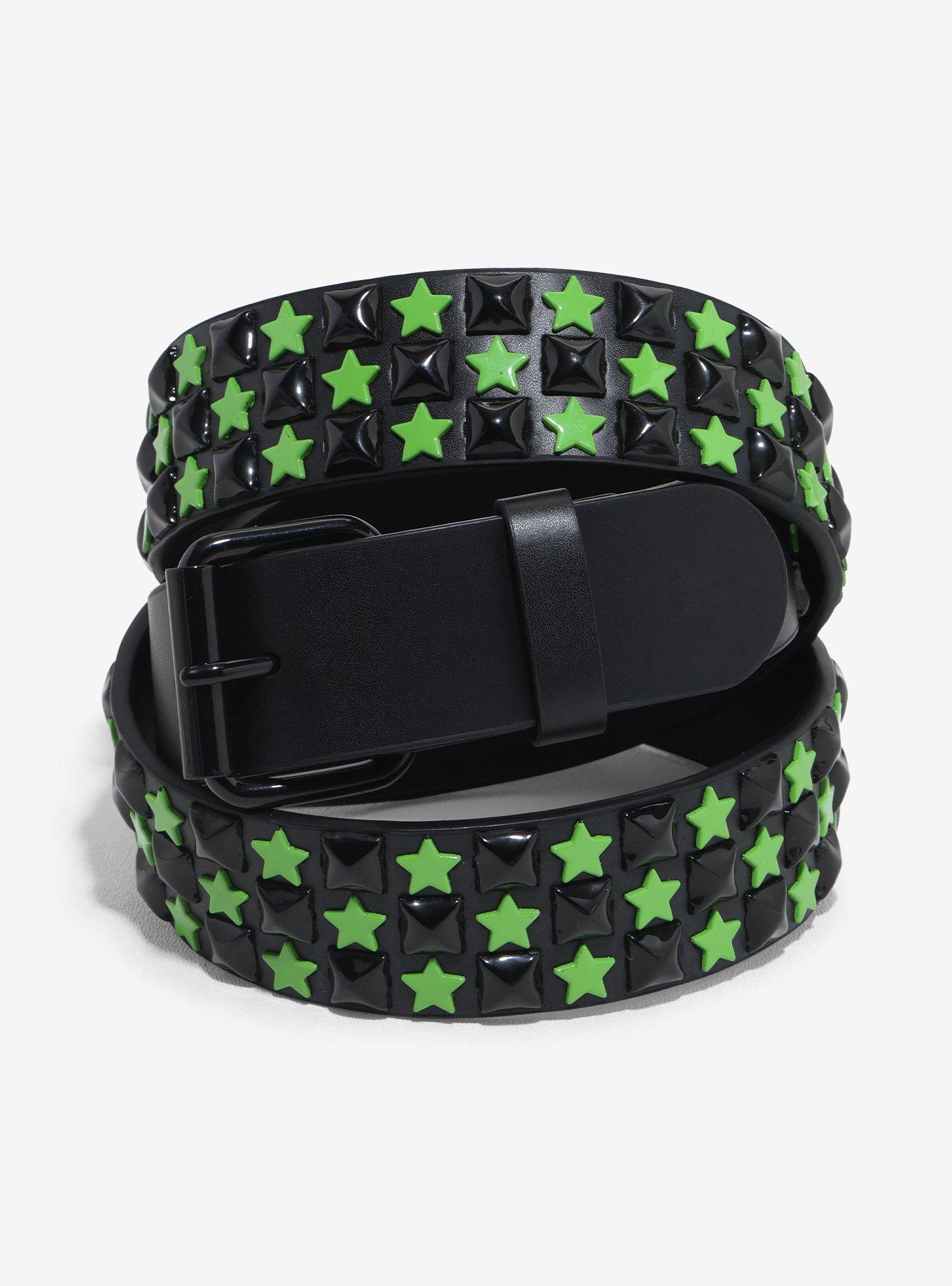 Black & Green Star Three Row Pyramid Stud Belt