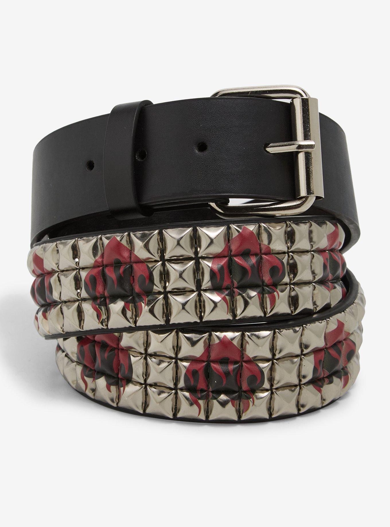 Black & Silver Flaming Hearts Three Row Pyramid Stud Belt, , hi-res